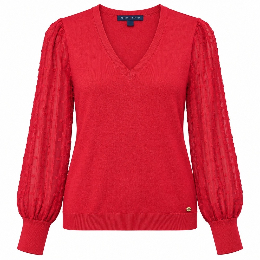 Tommy Hilfiger Red Sheer Swiss Dot Sleeve V Neck Sweater Women's L Romantic